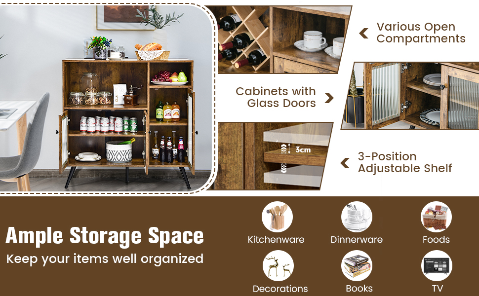 Buffet Storage Cupboard with Glass Door and Adjustable Shelves